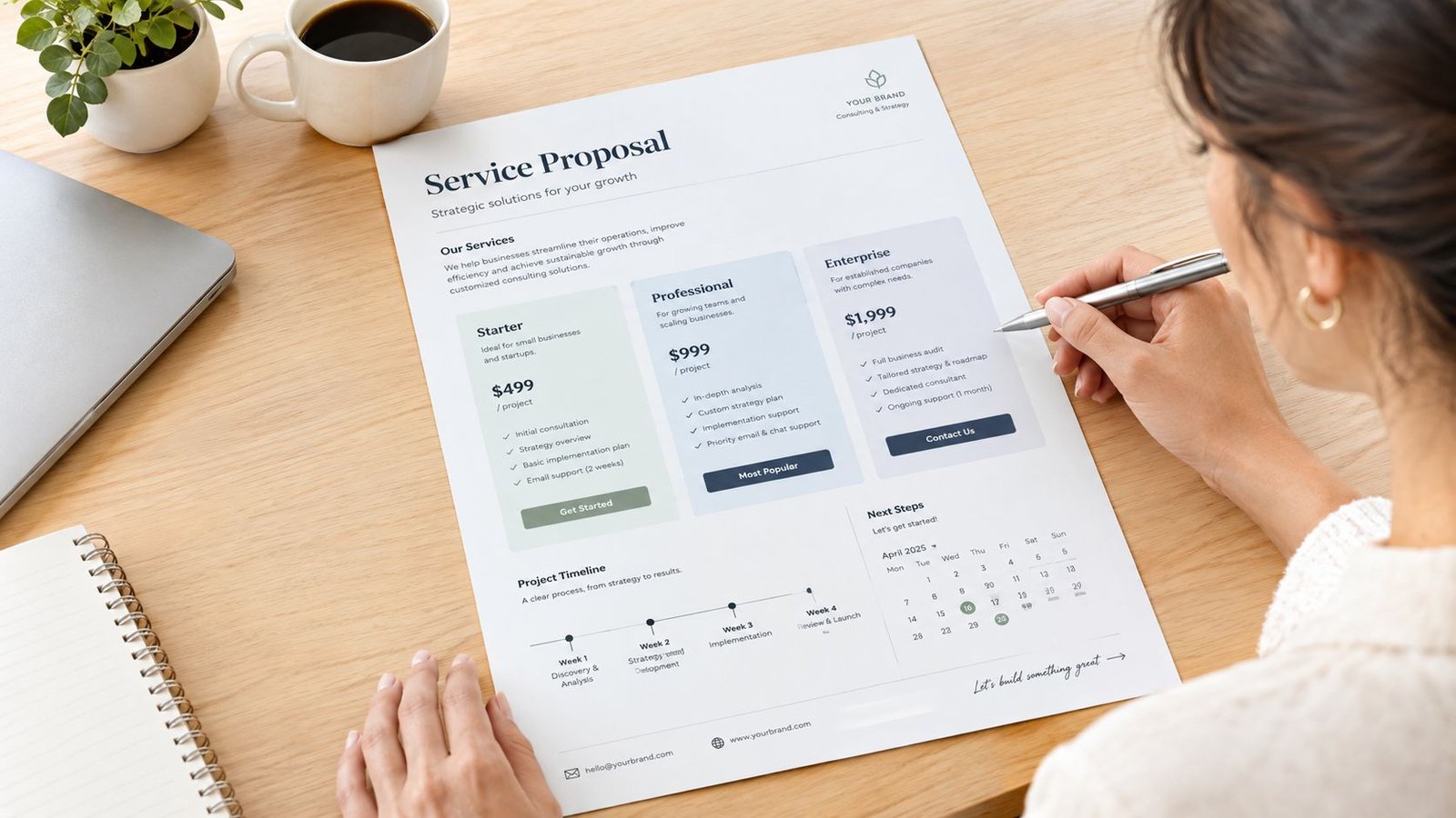 A woman reviewing a service proposal document on a wooden desk with a laptop and coffee.