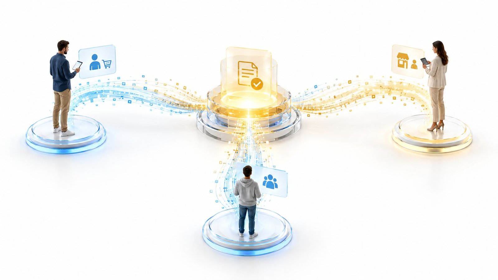 A digital illustration showing three people connecting to a central document hub via flowing data streams.